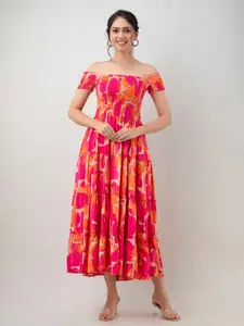 BAESD Abstract Printed Off-Shoulder Smocked Tiered Fit & Flare Midi Dress