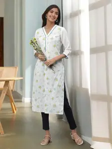 AURELIA Floral Printed Lace Insert V-Neck Straight Kurta