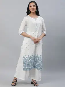 AURELIA Round Neck Floral Printed A-Line Cotton Kurta