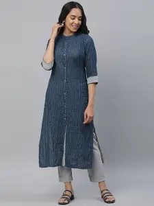 AURELIA Band Collar Woven Design Thread Work A-Line Cotton Kurta