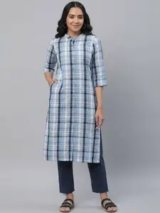 AURELIA Band Collar Checked Straight Cotton Kurta