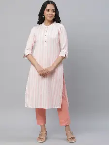 AURELIA Tribal Woven Design Striped  Lace-Up Detail Mandarin Collar Straight Kurta