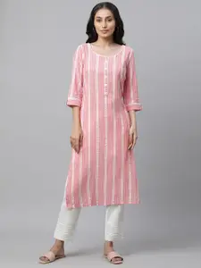 AURELIA Round Neck Striped Printed Straight Cotton Kurta