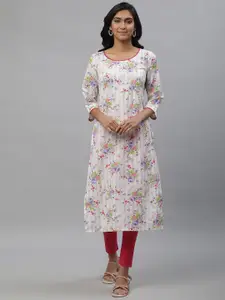AURELIA  Floral Printed Lace Insert Round Neck Pure Cotton Kurta