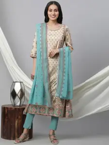 AURELIA Ethnic Motifs Printed Round Neck Tie-Up Detailed A-Line Kurta
