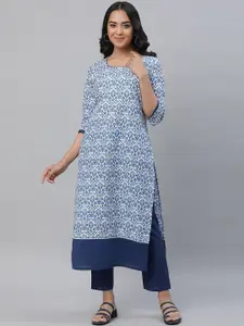 AURELIA Ethnic Motifs Printed Lace Detailed A-Line Pure Cotton Kurta