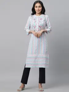 AURELIA Floral Thread Work Yoke Design Striped Printed Mandarin Collar A-Line Kurta