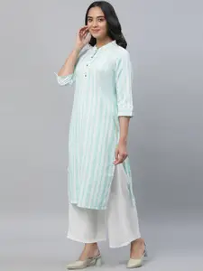 AURELIA Striped Tribal Woven Design Lace-Up Detail Mandarin Collar Straight Kurta