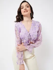 MAGRE Blue & thistle Floral Printed Georgette Wrap Top