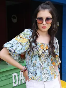 Sera Blue Floral Printed Puff Sleeves Smocked Top