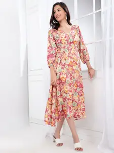 Bani Women Floral Printed Cuffed Sleeves Smocked A-Line Midi Dress