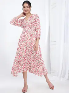 Bani Women Floral Printed V-Neck Smocked A-Line Midi Dress