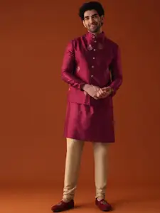 KALKI Fashion Mandrain Collar Long Sleeves Dupion Silk Kurta With Pyjamas & Nehru Jacket