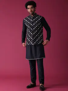 KALKI Fashion Mandarin Collar Roll Up Sleeves Straight Kurta With Churidar & Nehru Jacket