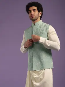 KALKI Fashion Mandrain Collar Pleated Kurta With Pyjamas & Nehru Jacket