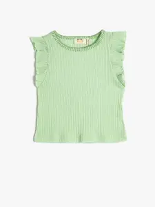 Koton Girls Green Self Design Flutter Sleeves Pure Cotton Top