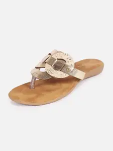 DressBerry Gold Toned Textured Open Toe Flats