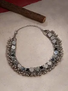 Krelin Women Silver Mirror Work Tribal Choker Necklace