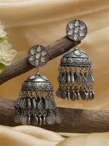 TEEJH Silver-Plated Dome Shaped Stone Studded Jhumkas