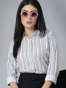 Style Quotient White & Pink Vertical Striped Smart Regular Fit Formal Shirt