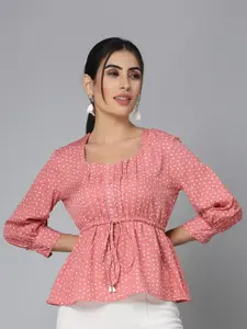 Style Quotient Pink Polka Dot Printed Cuffed Sleeve Empire Top
