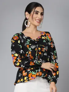 Style Quotient Black Floral Printed Puff Sleeve Ruched Empire Top