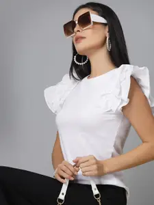 Style Quotient White Flutter Sleeve Ruffles Cotton Top