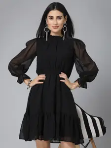Style Quotient Black Mock Neck Cuffed Sleeve Smocked Tiered Fit & Flare Dress