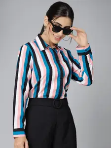 Style Quotient Black Smart Vertical Striped Spread Collar Casual Shirt