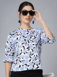 Style Quotient Blue Floral Printed Round Neck Cuffed Sleeve Gathered Regular Top