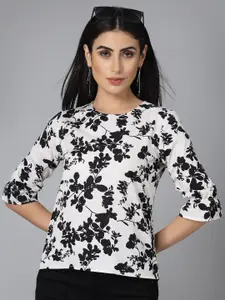 Style Quotient White & Black Floral Printed Bell Sleeve Top