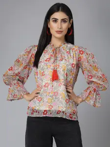 Style Quotient Cream Colour Floral Printed Tie-Up Neck Puff Sleeves Regular Top