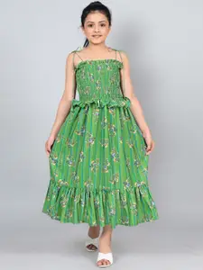 FASHION DREAM Girls Floral Printed Smocked Shoulder Straps A-Line Midi Dress