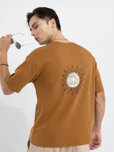 Snitch  Brown Graphic Printed Oversized Fit Drop Shoulder Sleeve Cotton Casual T-Shirt