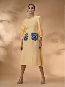 Disli Puff Sleeves A-Line Midi Cotton Dress