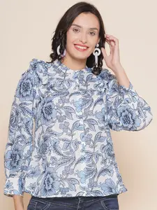 Bhama Couture Floral Printed Mandarin Collar Cotton Shirt Style Top
