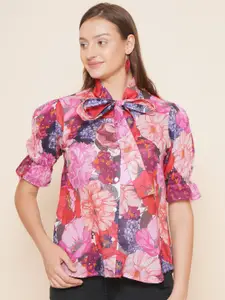 Bhama Couture Floral Printed Puff Sleeve Shirt Style Top