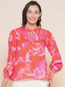 Bhama Couture Floral Printed Tie-Up Neck Puff Sleeves Ruffles Cotton Top
