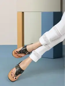 Denill Textured T-Strap Flats With Laser Cuts