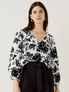Marks & Spencer Floral Printed V-Neck Puff Sleeves Lace Inserts Linen Top