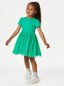 Marks & Spencer Girls Puff Sleeves Gathered Bling & Sparkly Fit & Flare Dress
