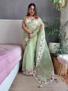 Anouk Green & Pink Floral Embroidered Organza Saree