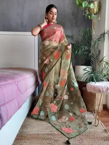 Anouk Green Floral Woven Design Organza Saree
