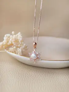 MANNASH Rose Gold-Plated Stone-Studded & Pearl Beaded Sterling Silver Pendant With Chain