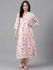 KALINI Mandarin Collar Floral Printed Panelled A-Line Pure Cotton Work Kurta