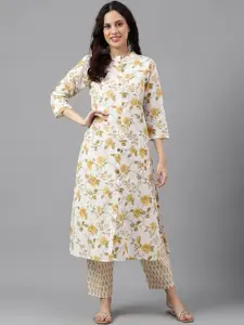 KALINI Mandarin Collar Floral Printed Panelled A-Line Pure Cotton Work Kurta