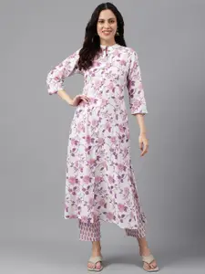 KALINI Mandarin Collar Floral Printed Panelled A-Line Pure Cotton Work Kurta