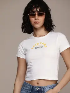 Roadster Women Typography Printed Bio Finish Crop Slim Fit T-shirt