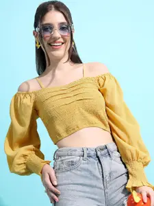 Tokyo Talkies Mustard Yellow Cold-Shoulder Smocked Bardot Crop Top