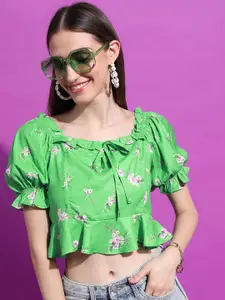 Tokyo Talkies Sea Green Floral Printed Square Neck Puff Sleeve Gathered Crop Top